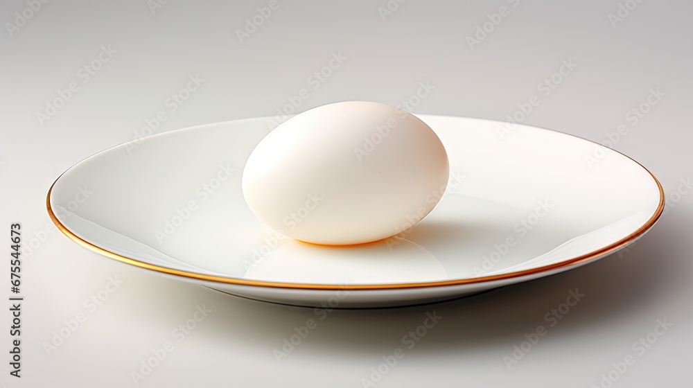 Poster a white plate with an egg on top of it on a white table with an orange stripe around the edge of the