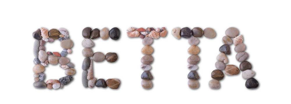 The word "BETTA" is lined with shells and stones of different shapes and colors on a transparent background. Types of fish and seafood, price tag, sea food, fish market, sea alphabet