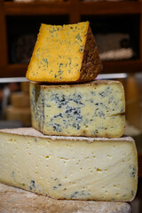Different Asturian cheeses made from cow, goat and sheep melk on display in farmers cheese shop, Asturias, North Spain