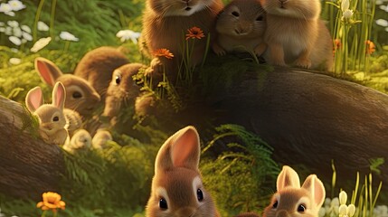 Obraz premium a group of rabbits sitting on top of a lush green field next to a forest filled with wildflowers. generative ai