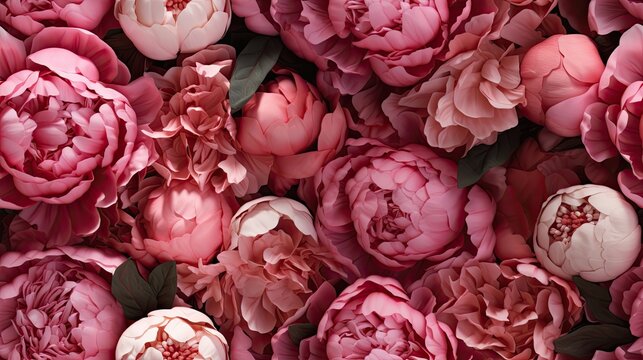  a bunch of pink peonies with green leaves on a bed of pink peonies on a bed of pink peonies with green leaves on a bed of pink peonies on a bed of peonies.  generative ai