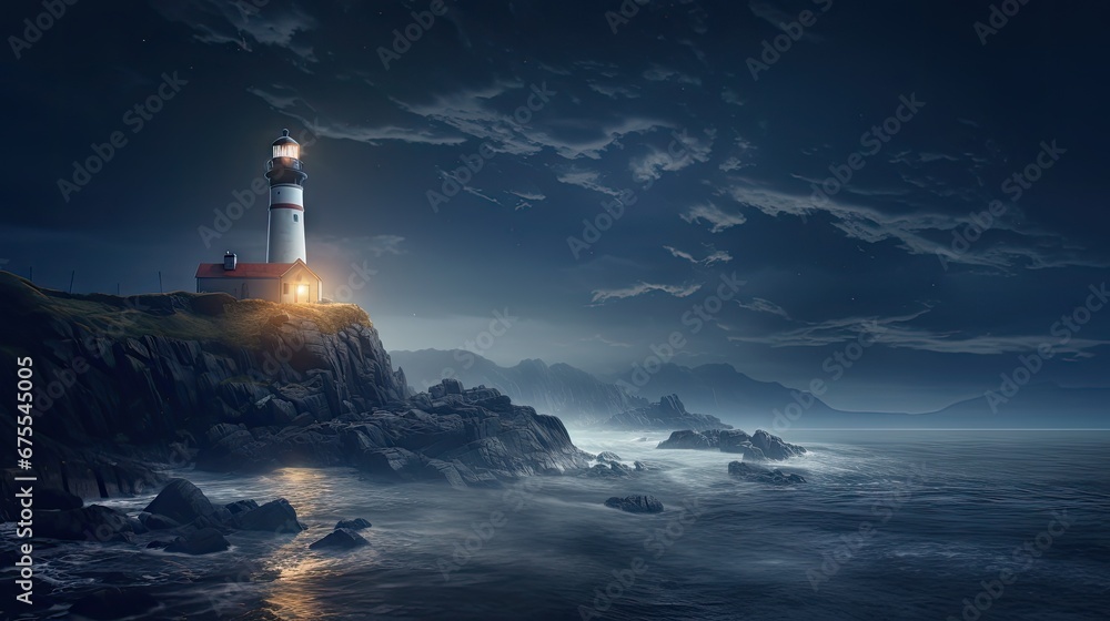 Sticker a lighthouse in the middle of a body of water with a full moon in the sky above it and a full moon i