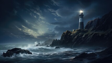  a painting of a lighthouse in the middle of a body of water at night with a full moon in the sky.  generative ai