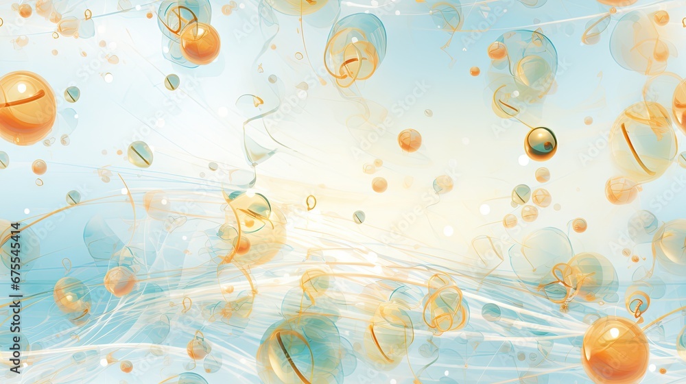 Poster a bunch of bubbles floating in the air on a blue and yellow background with bubbles floating in the 