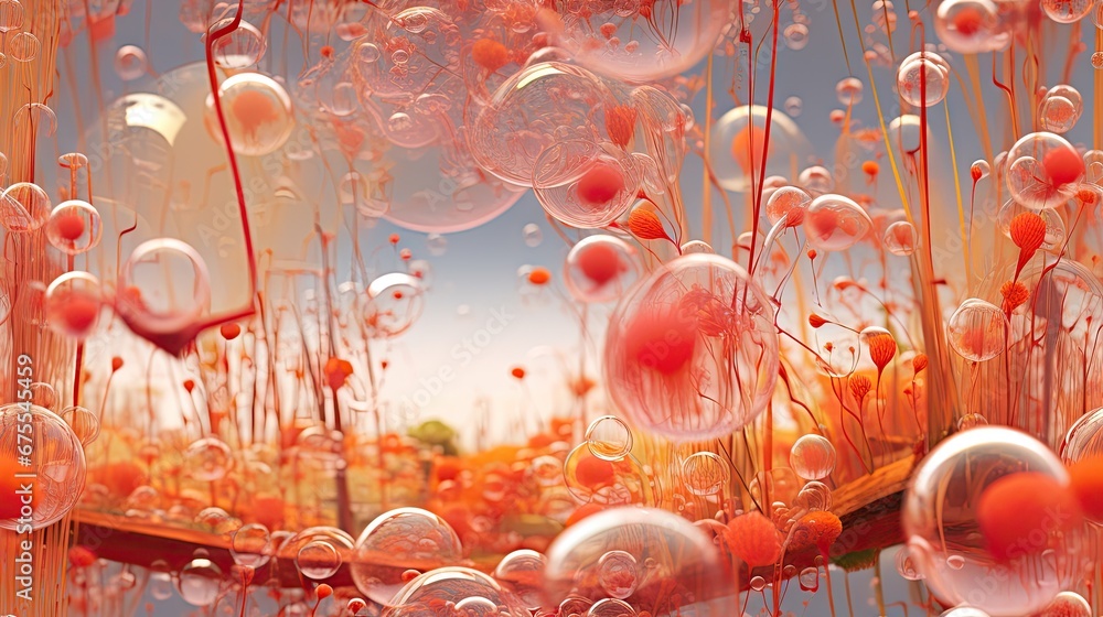 Poster a bunch of bubbles floating in the air next to a field of tall grass and a red boat in the distance.