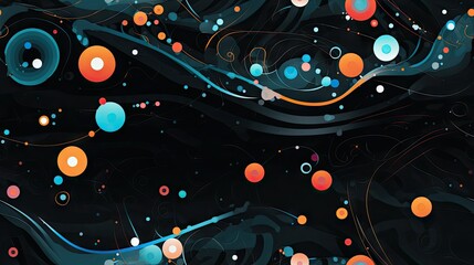  a black background with orange, blue, and white circles and swirls on the bottom of the image and on the top of the bottom of the image.  generative ai