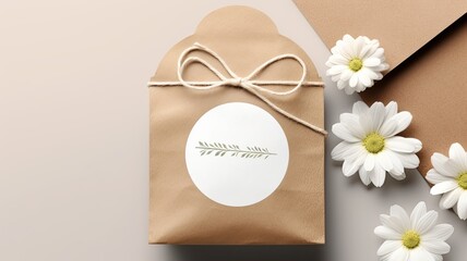 a round blank sticker mockup placed on a kraft paper gift bag adorned with delicate white flowers, the adhesive thank you card or product label as part of this rustic and elegant setting.