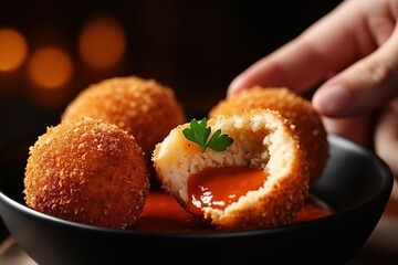someone is holding a plate with a deep-fried meatball - obrazy, fototapety, plakaty