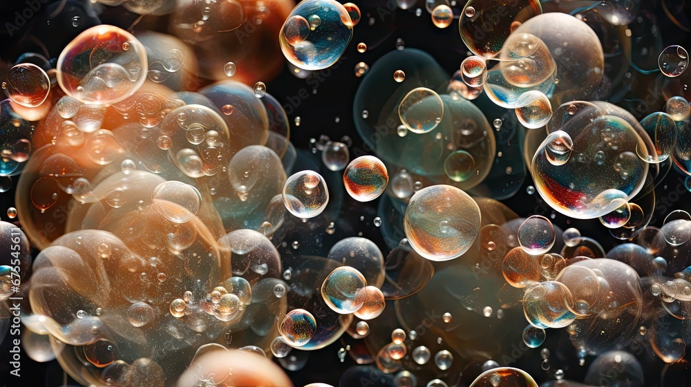 Poster a bunch of soap bubbles floating on top of a black surface with a lot of bubbles floating on top of 