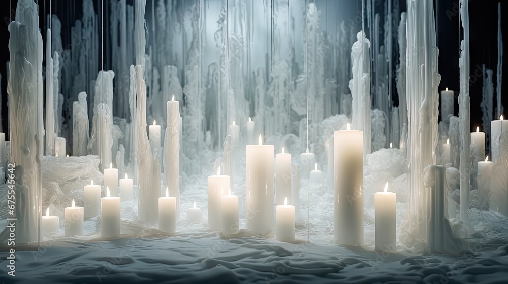 Poster a bunch of candles that are in some kind of ice like structure with icicles on the sides of them. ge