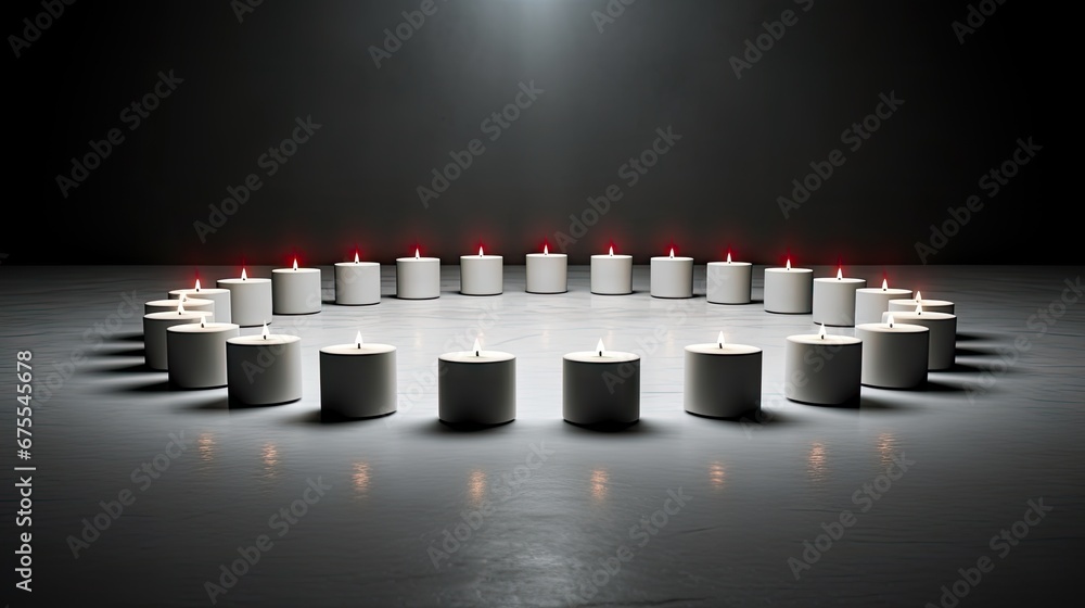 Poster  a group of lit candles arranged in a circle on a dark surface with a spotlight in the middle of the circle.  generative ai