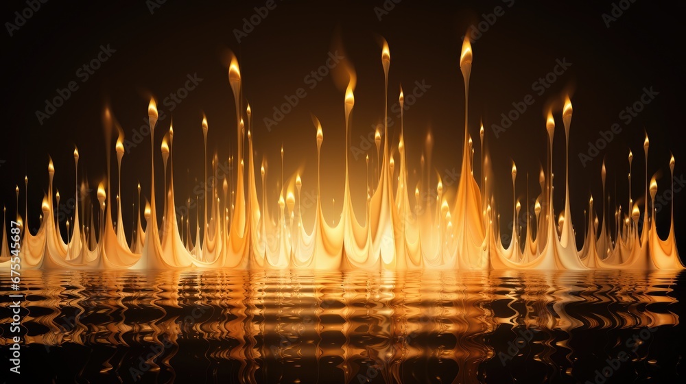 Poster a group of yellow candles floating on top of a body of water in front of a black background with a r
