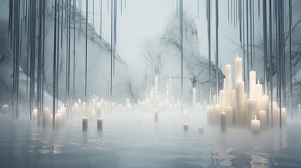  a group of candles floating on top of a body of water next to a forest filled with tall white trees.  generative ai