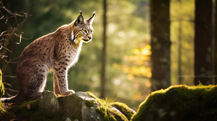 gorgeous lynx sitting at the ground of a tree in a idyllic autumn forest - obrazy, fototapety, plakaty
