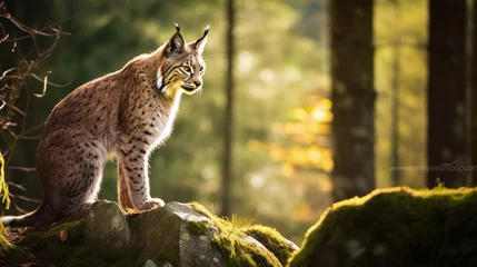 Fotobehang gorgeous lynx sitting at the ground of a tree in a idyllic autumn forest © bmf-foto.de
