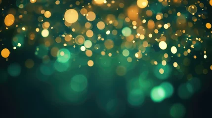 Poster Abstract blur bokeh banner background. Gold bokeh on defocused emerald green background © vejaa