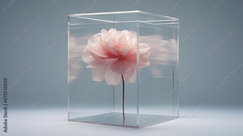 Poster a single pink flower is in a clear box with a light reflection on the bottom of the box and the bott