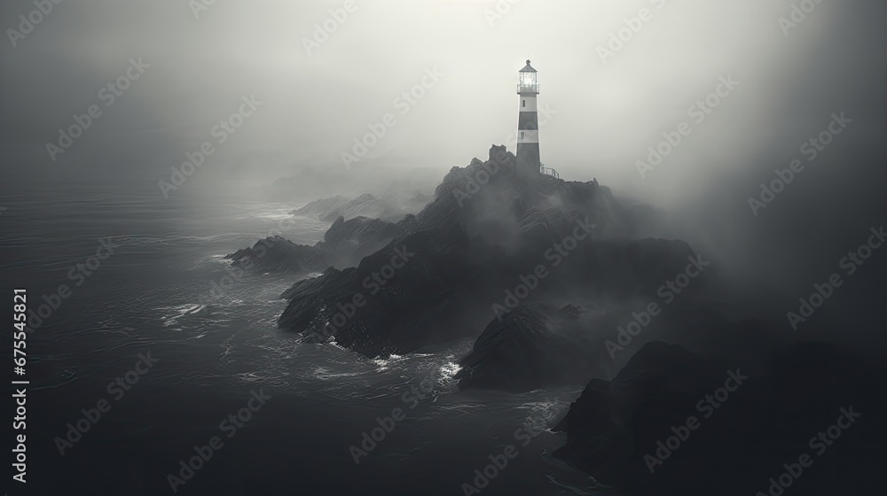 Poster a black and white photo of a lighthouse on a rock in the middle of the ocean with fog in the air. ge