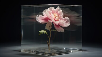  a pink flower in a glass vase on a black background with a reflection of the flower in the glass box.  generative ai