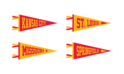Kansas City, St. Louis, Missouri, Springfield Football Pennant Flags Set. Vector Football pendant Icons. University USA Sport flag, isolated - obrazy, fototapety, plakaty