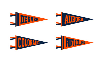 Denver, Aurora, Fort Collins, Colorado Football Pennant Flags Set. Vector Football pendant Icons. University USA Sport flag, isolated