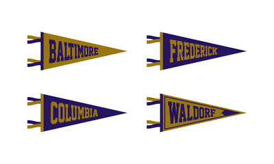 Baltimore, Columbia, Frederick, Waldorf, Ohio Football Pennant Flags Set. Vector Football pendant Icons. University USA Sport flag, isolated