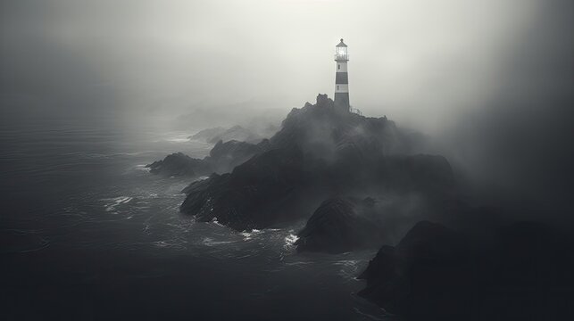  a black and white photo of a lighthouse on a rock in the middle of the ocean with fog in the air.  generative ai