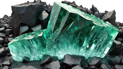 The stone is black in color with emerald-colored crystals.
