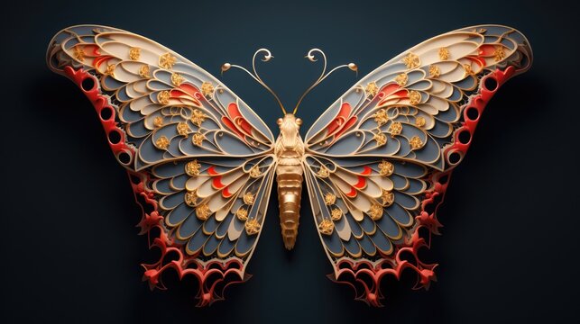  an intricately designed butterfly with red and gold accents on it's wings, on a black background, with a black background.  generative ai