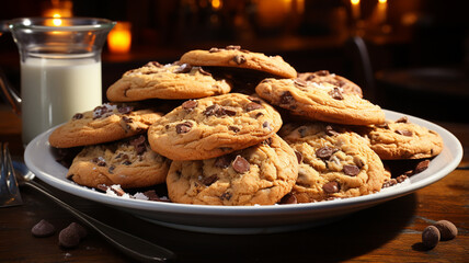 chocolate chip cookies on a tray and milk - obrazy, fototapety, plakaty