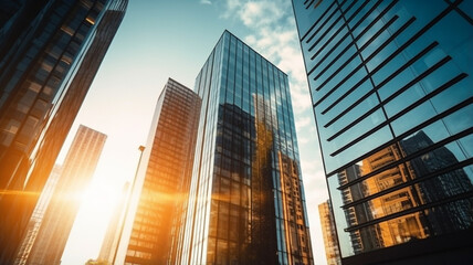 Fototapeta premium modern office building on a clear sky background. retro stylized colorful facade al filter effect