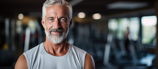 The older adult man at the gym with a smile on his face exemplifies a healthy lifestyle through his dedication to exercise and strength training showing that age is just a number