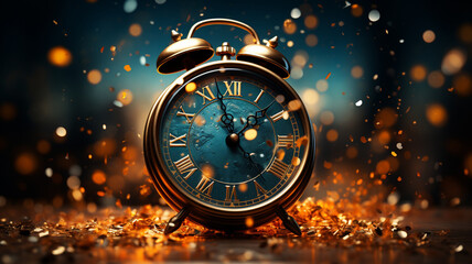 new year concept with watch on a wooden background