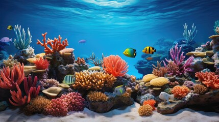  an underwater scene of a coral reef with a variety of colorful corals and tropical fish swimming in the water.  generative ai