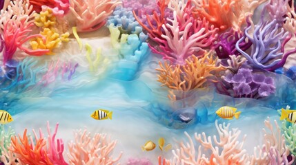 Fototapeta na wymiar a group of colorful corals and fish on a blue water surface with bubbles and bubbles on the bottom of the picture. generative ai