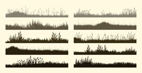 Meadow silhouettes with grass, plants on plain. Panoramic summer lawn landscape with herbs, various weeds. Herbal border, frame element. Brown horizontal banners. Vector illustration - obrazy, fototapety, plakaty