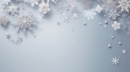 a delicate frame made of snowflakes in pastel gray tones, evoke a winter concept and be presented in a flat lay style with a top view, ample copy space to convey the holiday message.