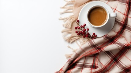 a cup of steaming coffee and a plaid set against a clean white background, the winter concept in a...
