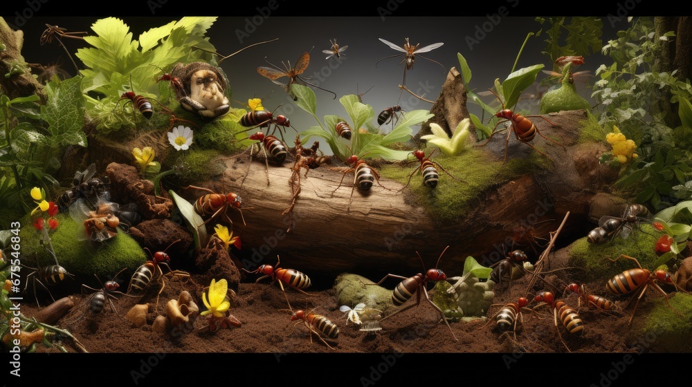 Poster a group of ants standing on top of a wooden log in a field of grass and flowers next to a dead tree.