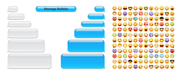 Blank message bubbles with emoji. Blue chat or messenger speech bubble. SMS text frame. Short message sending. Conversation screen. Social media application. Vector illustration
