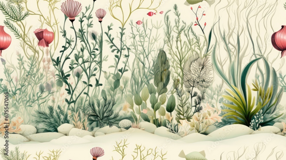 Aufkleber a painting of flowers and plants on a white background with a white background and a white backgroun
