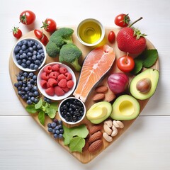 a heart shaped plate of fruits, vegetables and seeds,  heart on a piece of wood with salmon. 