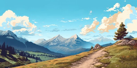 a sketch of a mountain path with a view of the sky at daytime and mountains, generative AI - obrazy, fototapety, plakaty