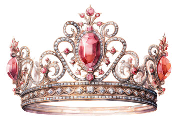 A watercolor-style portrayal of royal crowns for queen and princess in the Victorian era, featuring gold, gemstones, and diamonds. Isolated on a white background, radiating luxury, classic, and vintag