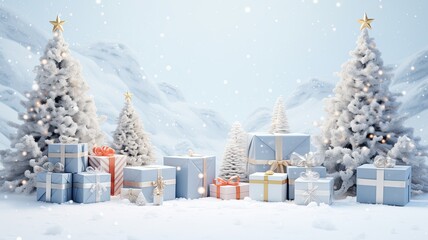 gift boxes featuring ribbons, surrounded by Christmas tree decorations, glistening balls, and glimmering snowflakes.