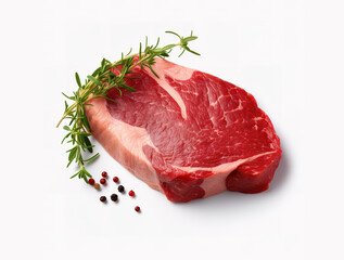 raw beef steak on a white background with a sprig of herbs,