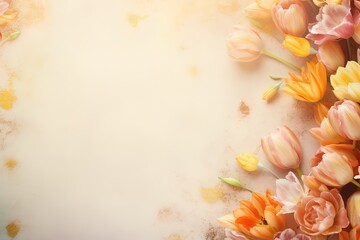  an image of spring flowers in a frame, in the style of light orange and light amber, textured backgrounds,
