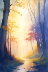 Beautiful watercolor paint of rainy forest. AI genrated illustration