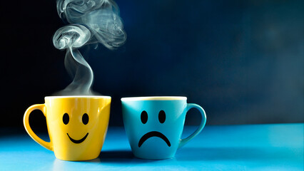 Blue monday concept, coffee cups of joy and sadness, you choose. AI generation.