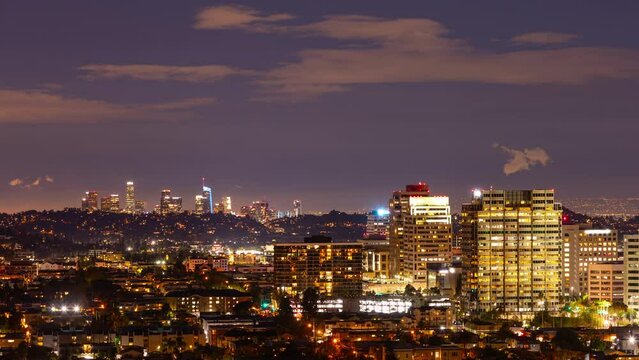 Time Lapse of the downtown Glendale California skyline at night with the downtown Los Angeles skyline in the background